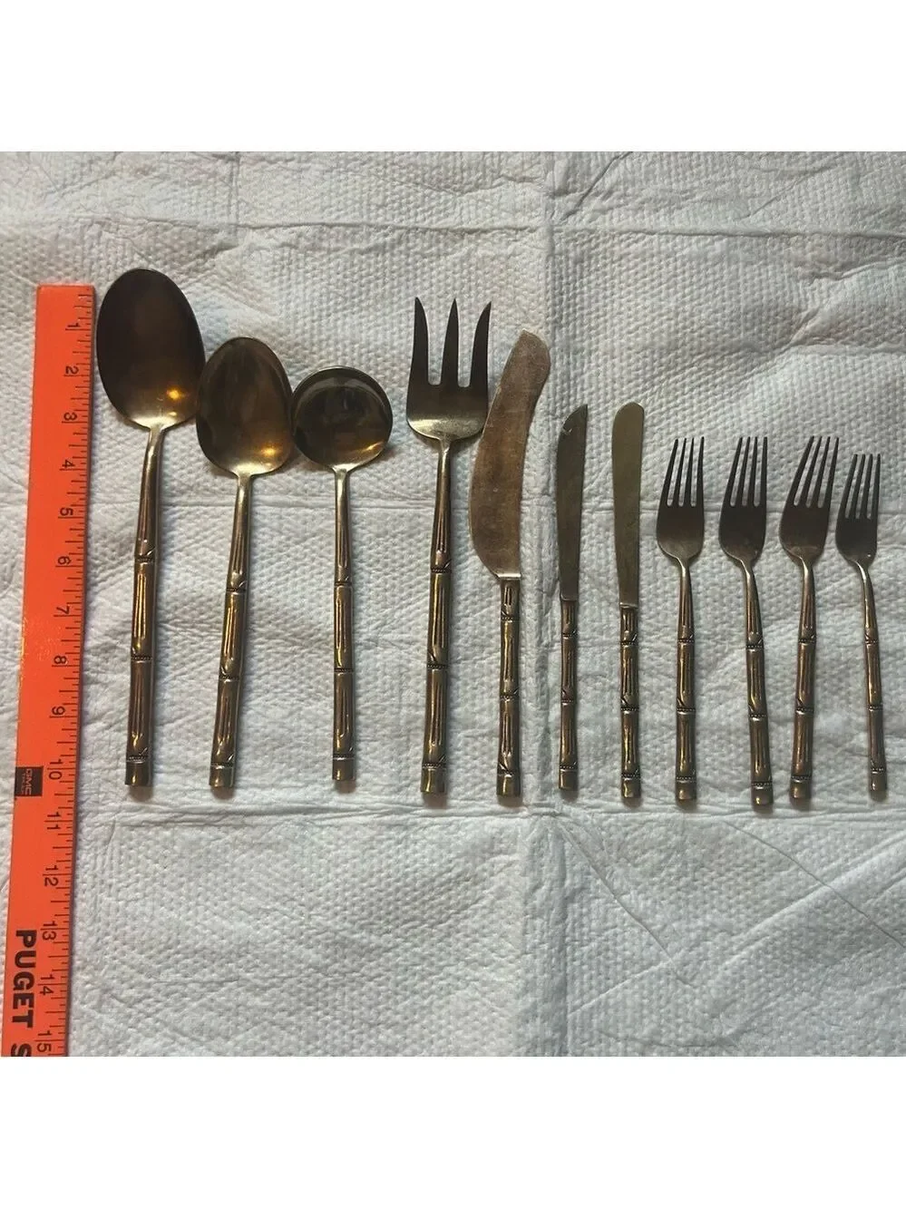 VTG Mid Century Serving Utensils Nickel Bronze Bamboo Design Set of 11 Gold Tone